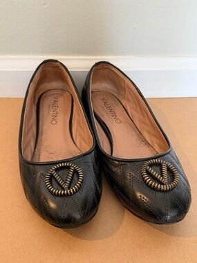 Valentino Black Quilted Leather Ballet Flats with Gold Rope Logo
